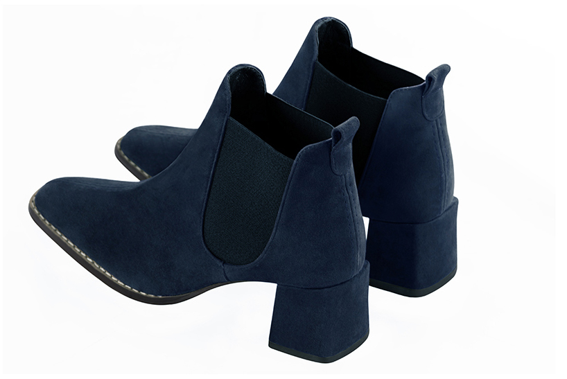 Navy blue women's ankle boots, with elastics. Square toe. Medium block heels. Rear view - Florence KOOIJMAN